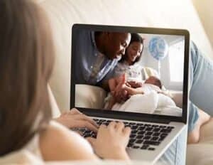 Lactation consultant providing virtual support for new mothers and breastfeeding guidance.